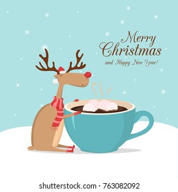 Vector blue greeting card and reindeer sitting and cup coffee the snow  Merry Christmas   happy New Year 