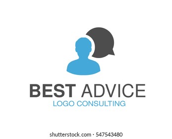 Vector blue grey brand for consulting agency, best advice. Logo design with symbol of speech bubble and man.
