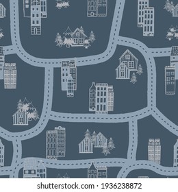 Vector blue grey city streets map seamless pattern