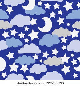 Vector Blue and Grey clouds with White stars, seamless clouds pattern background
