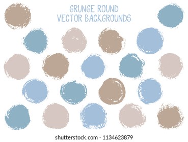 Vector blue grey grunge circles. Modern stamp texture circle scratched label backgrounds. Circular tag, chalk logo shape, round button elements. Grunge round shape banner backgrounds set.