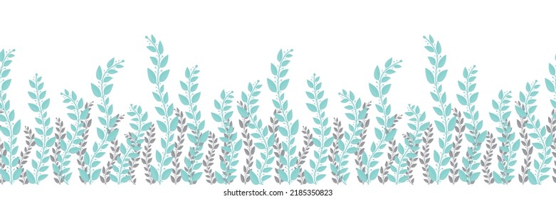 Vector Blue grey leaves silhouette horizontal border. Growing shrubs.  Frame seamless border pattern for fabric, invitation cards, wedding cards, packaging and more