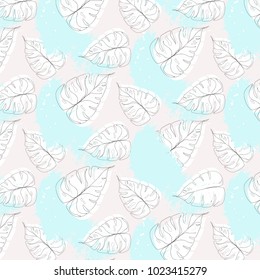 Vector blue grey pattern with banana palm leaves in vector. Monsterafoliage decoration. Nature tropical  floral wallpaper. Textile plant leaf