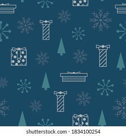 Vector blue grey snowflakes gifts seamless pattern
