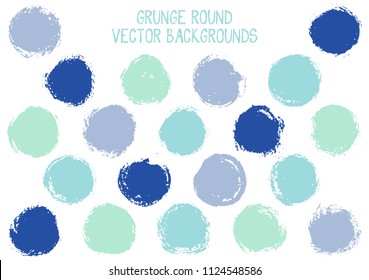 Vector blue grunge circles. Rough stamp texture circle scratched label backgrounds. Circular tag icon, chalk logo shape, oval button elements. Grunge round shape banner backgrounds set.