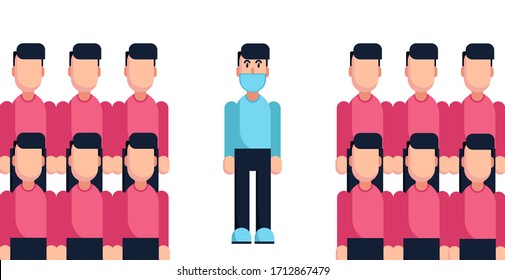 Vector of blue guy in group of coronavirus people with white background.Clean guy in group of Covid19 pink people.