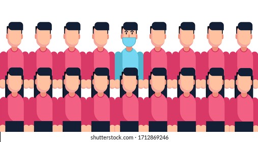 Vector of blue guy in group of coronavirus people.Clean guy in group of Covid19 people