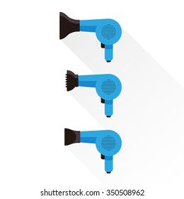 vector blue hairdryer, blow dryer / with diffuser nozzle, collection chamber / hair drying symbol, icon / on white