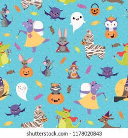 Vector Blue Halloween Friends Seamless Pattern. Surface Pattern Design perfect for fabric, scrapbooking, Halloween, kids, and home decor projects.