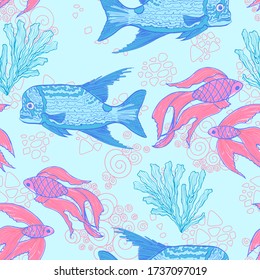 Vector blue hand draw seamless fish pattern. Various bright sea fish silhouettes. Boundless background of underwater sea life.