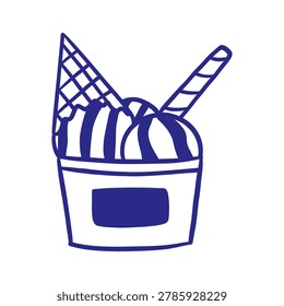 Vector blue hand drawn chocolate ice cream in navy outline cup with waffle piece and wafer stick. Monochrome mediterranean sketch doodle summer treat for cafe menu, kids party and dessert branding.