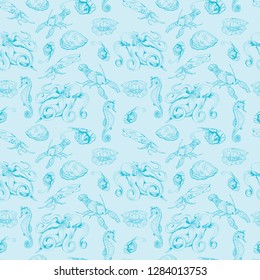 Vector Blue hand drawn seamless background with sea animals. Ink drawn sea food illustration in vintage style for print, fabric, paper, wrapping, restaurant menu and other food natural design.