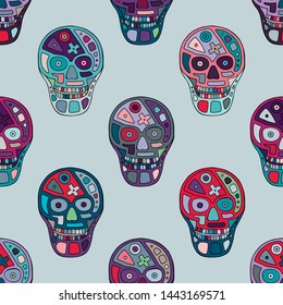 Vector blue hand drawn seamless pattern, illustration of skull with geometrical tribal figures, Print horror for fabric. Mexican style, day of the dead, halloween. Sketch, doodle drawing