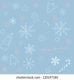 Vector blue hand drawn snowflakes background.