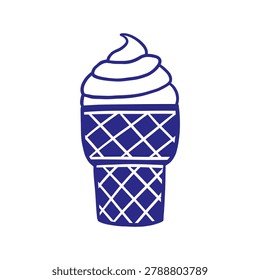 Vector blue hand drawn vanilla soft serve ice cream in navy outline waffle cone with lattice pattern. Monochrome sketch doodle sweet summer dessert for cafe menu, ice cream shop and kids party design.