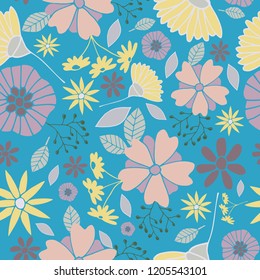 Vector Blue Happy Flowers Background Pattern Design. Perfect for fabric, wallpaper, stationery and scrapbooking projects