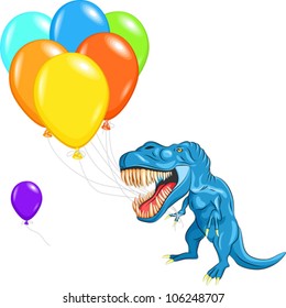 vector blue happy Tyrannosaurus with sharp teeth and claws with multi-colored balloons