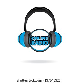 vector blue headphones on white background. music button. online radio icon