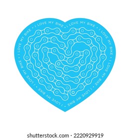 Vector blue heart created from long bike chain with text I LOVE MY BIKE. Isolated on white background.