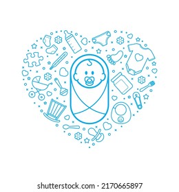 Vector blue heart formed by icons of children's things. In the middle of a toddler. Isolated on white background.