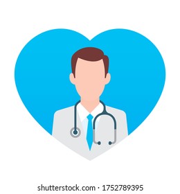 Vector blue heart icon. Man doctor with stethoscope. Brown hair. Isolated on white background.