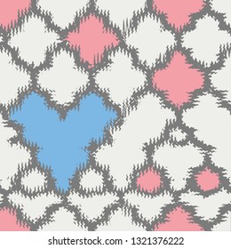 vector blue heart shape on ethnic motifs seamless pattern 