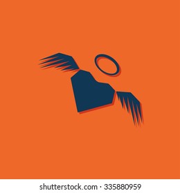 Vector blue heart with wings icon on orange background 
