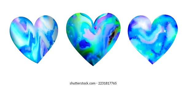 Vector blue hearts collection, valentine's day love set, fluid, wet blue painting, romantic, lovely design elements