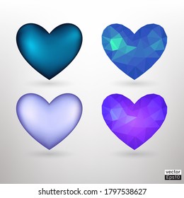 Vector blue hearts icons set. Vector 3D illustration.Vector collection of blue hearts on white background