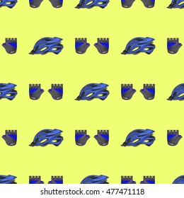 Vector Blue Helmet and Gloves Seamless Pattern Isolated on Yellow Background