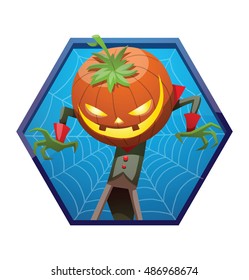 Vector blue hexagonal frame with spider web and with cartoon image of Jack O' Lantern with pumpkin instead of a head, in a green-black tail coat frightening someone on a white background. Halloween.