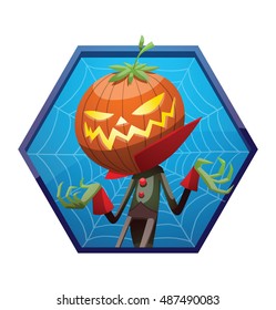 Vector blue hexagonal frame with spider web and with cartoon image of Jack O' Lantern with pumpkin instead of a head, in a green-black tail coat standing and grinning on a white background. Halloween.