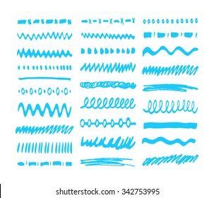 Vector blue highlighter elements collection. Set of hand drawn marker, felt tip pen elements - brushes, strokes and pattern
