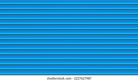 Vector blue horizontal lines plastic siding texture. Iron striped wall background. Corrugated wall realistic backdrop. Security shop doors, front view. Gradient 3d line floor tile. Roofing material