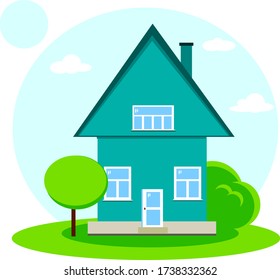 vector blue house with green trees