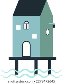 Vector blue house located on a wooden platform above the river eps 10. Vector The apartment, as well as the family, people living together, their household eps 10