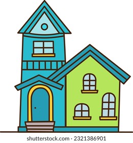 Vector blue house. Traditional architectural style exterior. Residential building facade. Flat style illustration. Colorful icon. 3D Illustration