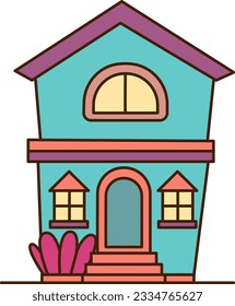 Casa azul vectorial con icono de dos pisos. Casa de dibujos animados vectoriales con techo rosa y dos iconos de ventanas.
