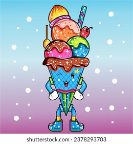 vector blue ice cream cone with various toppings
