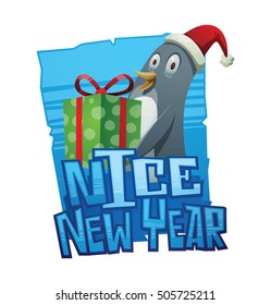 Vector blue ice emblem with cartoon image of a funny black-white penguin in a red Santa hat with a green gift in the wings on a white background. New Year, Christmas. Inscription "Nice New Year".