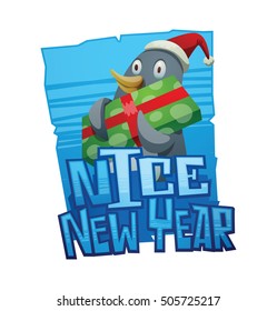 Vector blue ice emblem with cartoon image of a funny black-white penguin in a red Santa hat with a big green gift in the wings on a white background. New Year, Christmas. Inscription "Nice New Year".