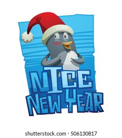 Vector blue ice emblem with cartoon image of a funny black-white penguin in a red Santa hat standing embarrassed on a white background. New Year, Christmas. Inscription "Nice New Year".