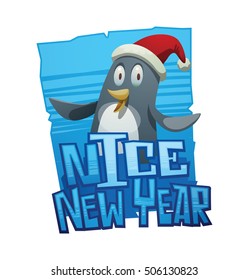 Vector blue ice emblem with cartoon image of a funny black-white penguin in a red Santa hat standing and smiling on a white background. New Year, Christmas. Inscription "Nice New Year".