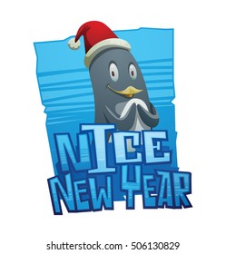 Vector blue ice emblem with cartoon image of a funny black-white penguin in a red Santa hat standing on a white background. New Year, Christmas. Inscription "Nice New Year". Christmas penguin.