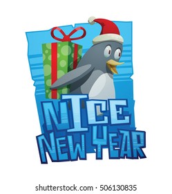 Vector blue ice emblem with cartoon image of a funny black-white penguin in a red Santa hat with a big green gift behind his back on white background. New Year, Christmas. Inscription "Nice New Year".