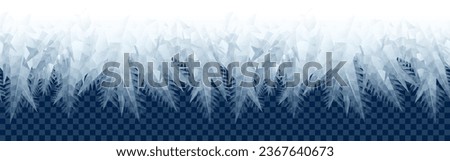 Vector blue ice or frost crystals seamless transparent border on checkered background. Global colors