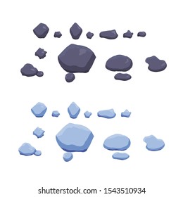 Vector blue ice and purple stones isolated on white. Different shapes. Flat cartoon style. Set for gaming user interface.