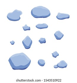 Vector blue ice stones isolated on white. Different shapes. Flat cartoon style. Set for gaming user interface.
