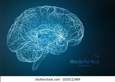 Vector Blue Illustration Of 3d Brain Side With Synapses And Glowing Neurons. Conceptual Image Of Idea Birth Or Artificial Intelligence. Net Of Shiny Lines Forms Brain Structure. Futuristic Mind Scan.