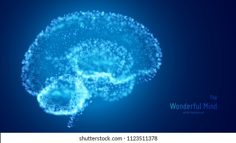 Vector blue illustration of 3d brain with glowing neurons and shallow depth of field. Conceptual image of idea birth or artificial intelligence. Shiny dots forms brain structure. Futuristic mind scan